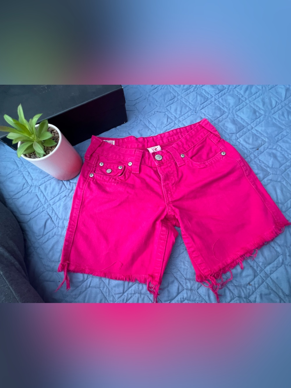 True Religion Hot Pink Frayed Hem Denim Shorts